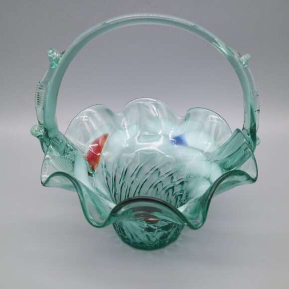 Vintage Hand Blown Art Glass Basket Large Blown Glass Decor Red White Spotted 8" - Picture 5 of 8